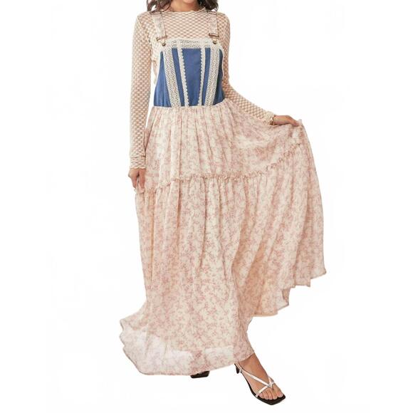 NEW DAVI & DANI denim with lace overall midi dress in pink floral - Picture 5 of 10